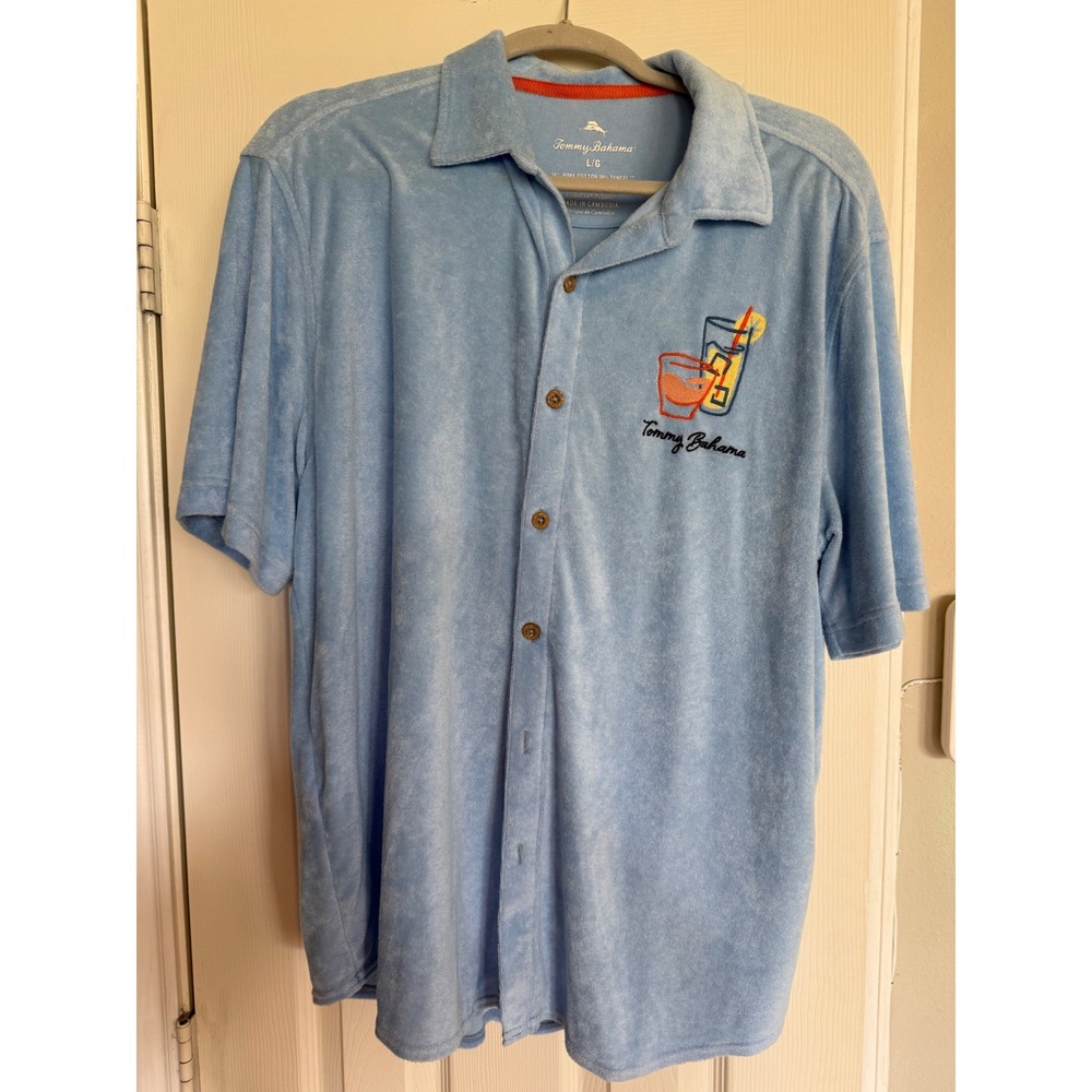 Tommy Bahama Men Large Light Blue Pima Cotton Tencel Blend Short‎ Sleeve Polo